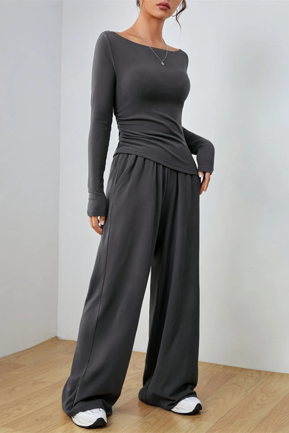 Boat Neck Long Sleeve Top Pants Set (11)