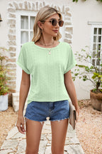 Full Size Round Neck Eyelet Short Sleeve Top (20)