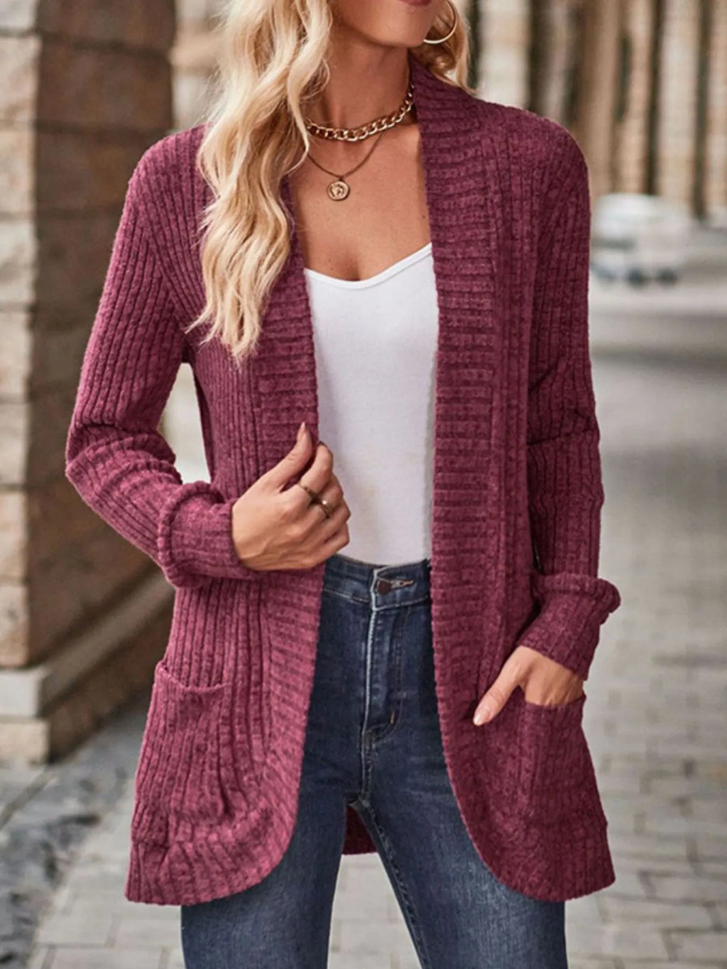 Ribbed Knit Open Front Cardigan Pockets (4)
