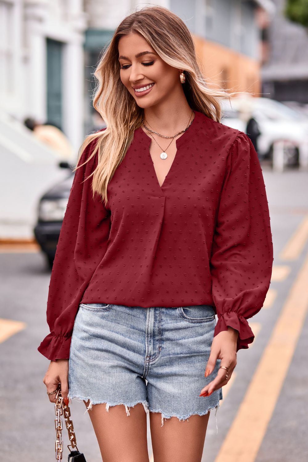 Swiss Dot Notched Neck Flounce Sleeve Blouse (17)