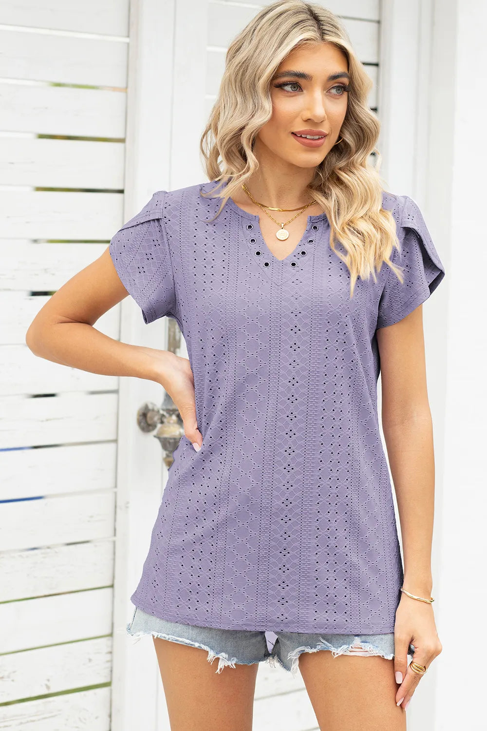 Eyelet Notched Petal Sleeve Blouse (22)
