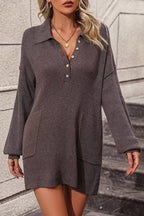 Collared Neck Long Sleeve Sweater Dress Pockets