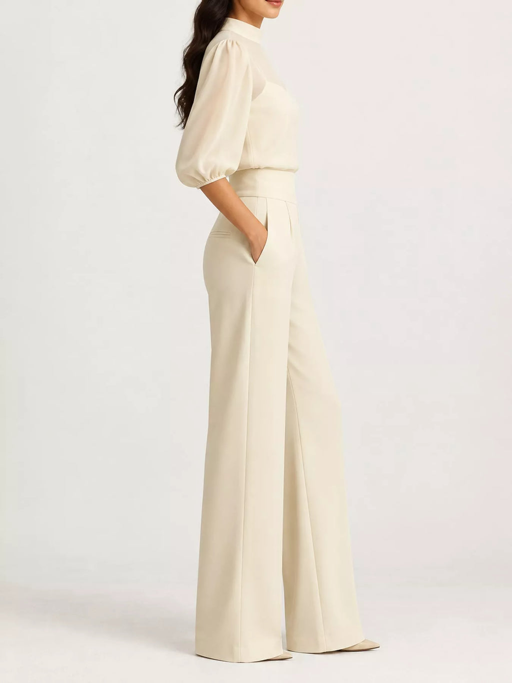 Mock Neck Puff Sleeve Top Wide Leg Pants Set (9)