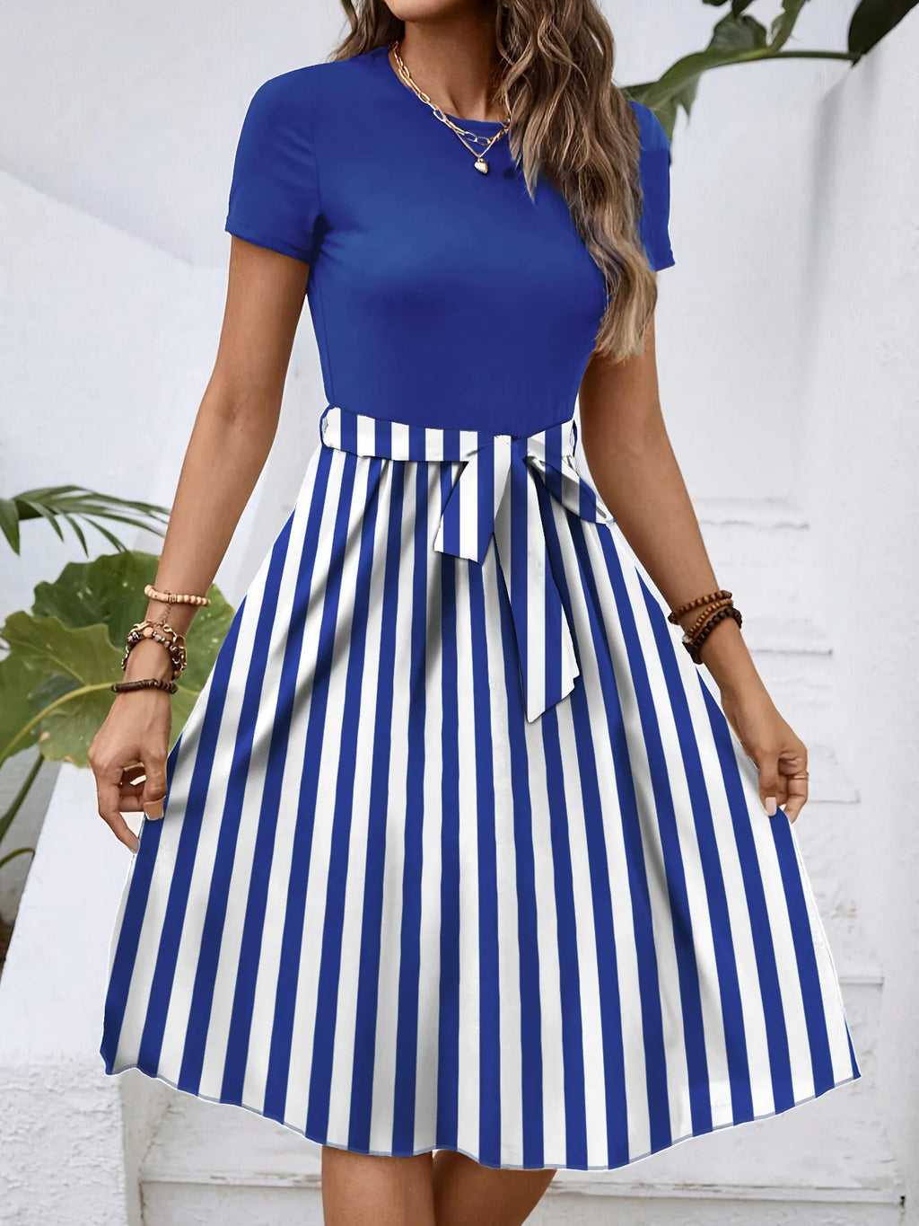 Striped Round Neck Short Sleeve Dress (13)
