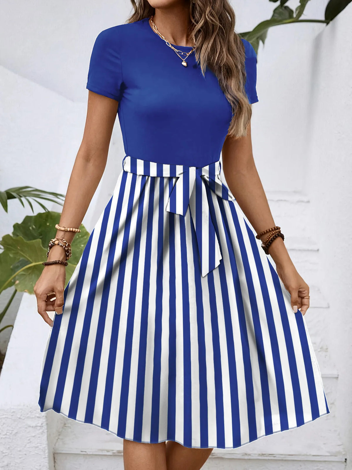 Striped Round Neck Short Sleeve Dress (13)