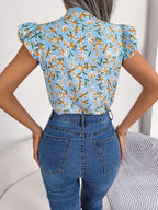 Floral Tie Neck Flutter Sleeve Blouse (9)