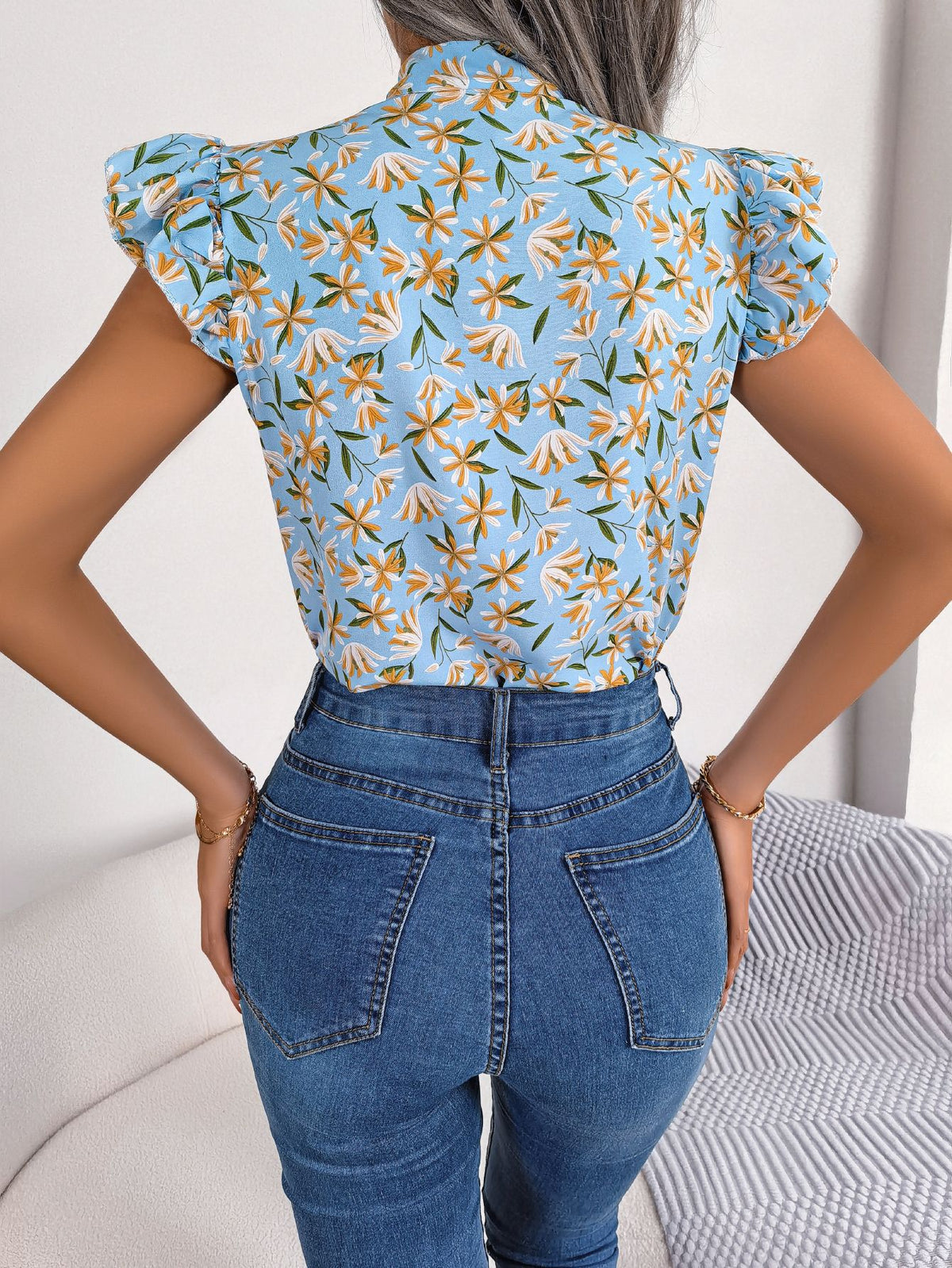 Floral Tie Neck Flutter Sleeve Blouse (9)
