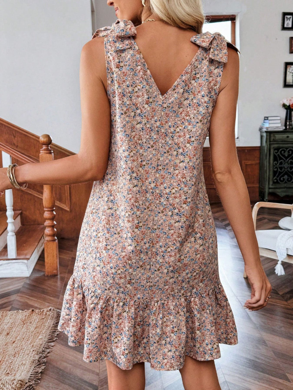 Floral Print Tie Strap Ruffle Hem Mini Dress (5)