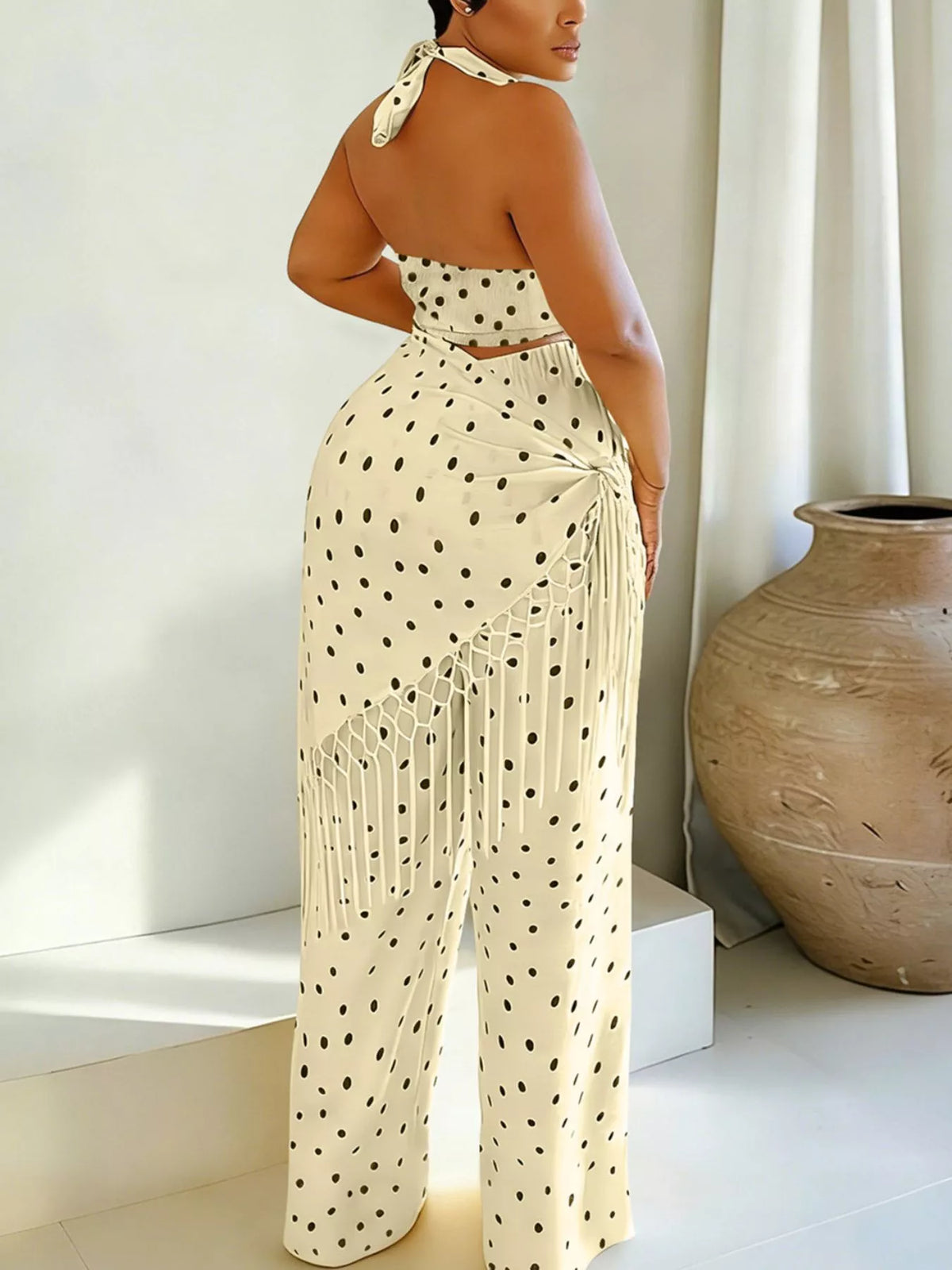 Polka Dot Halter Neck Cami Fringe Trim Pants Set (2)