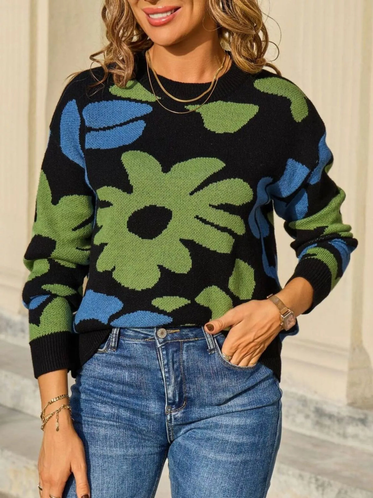 Floral Crew Neck Long Sleeve Sweater (6)