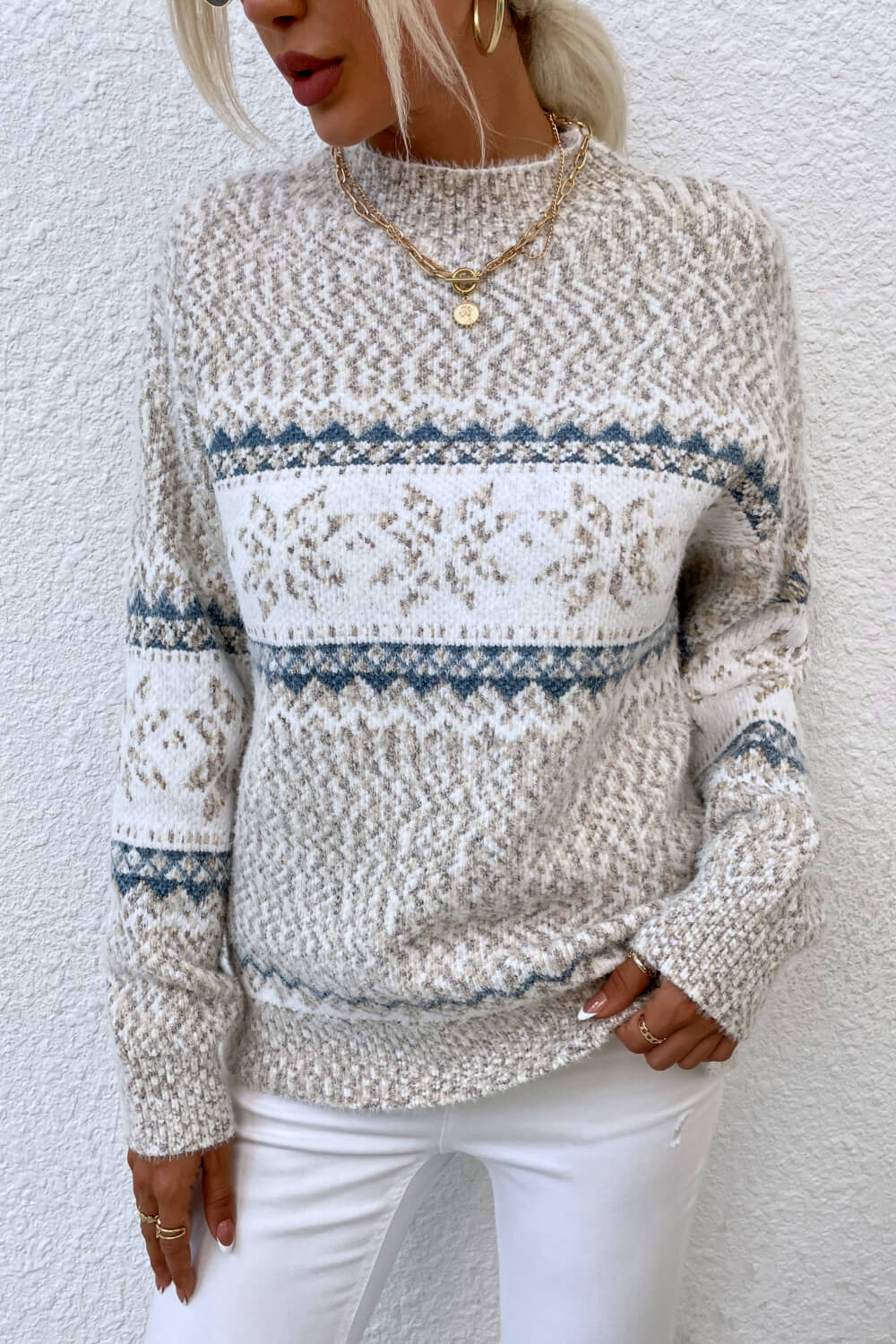 Snowflake Pattern Mock Neck Sweater (8)