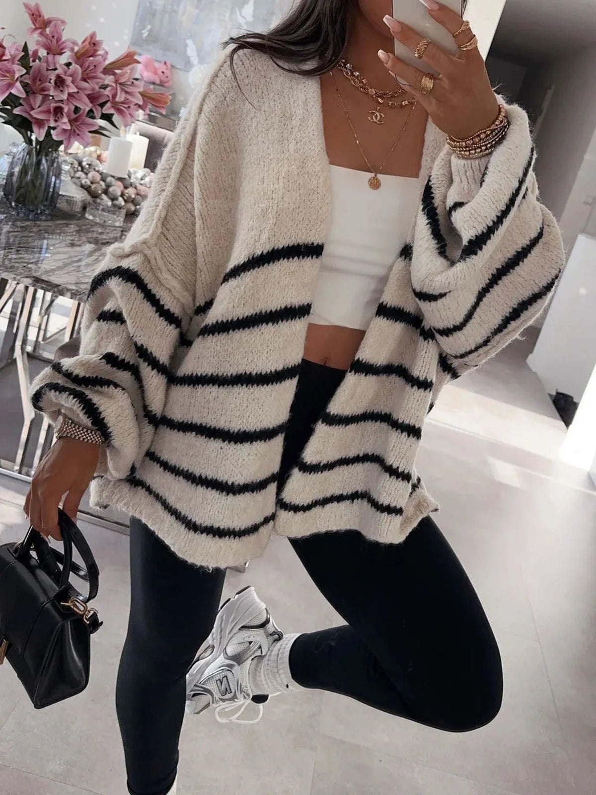 Striped Open Front Dropped Shoulder Cardigan (2)