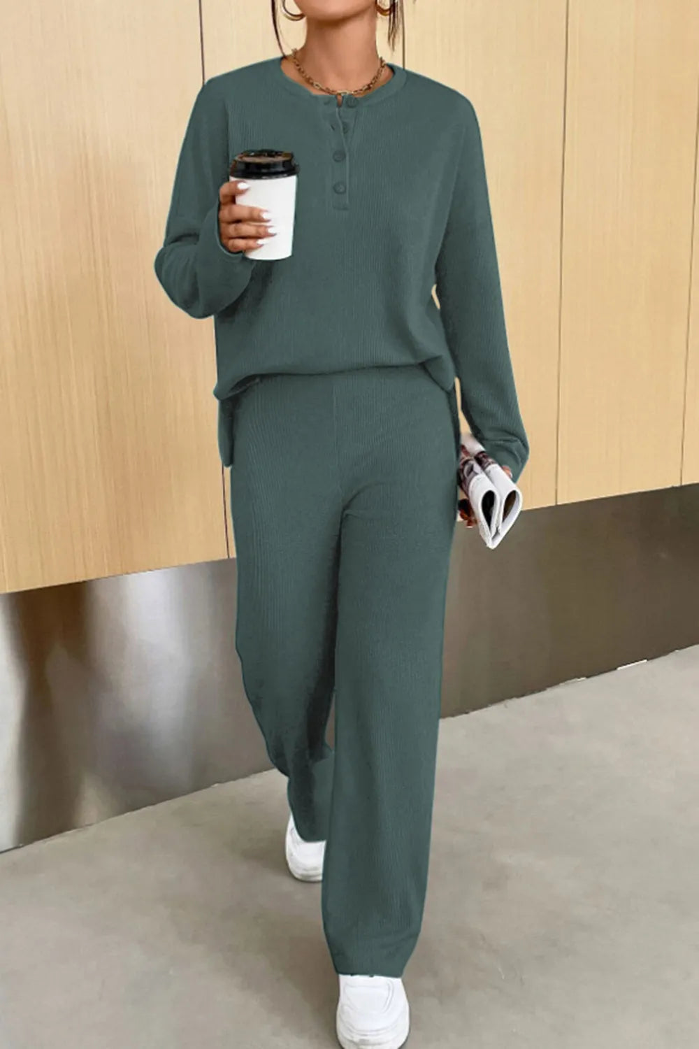 Ribbed Half Button Top Pants Set (16)