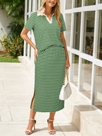 Striped Polo Collar Top Slit Skirt Two-piece Set (6)