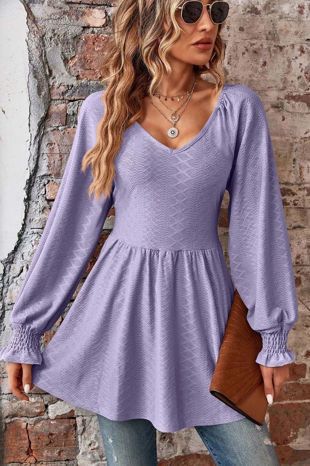 Peplum V-neck Long Sleeve Blouse (30)