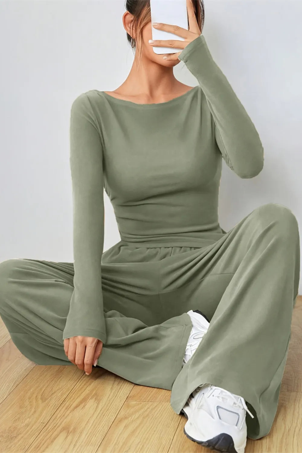 Boat Neck Long Sleeve Top Pants Set (4)