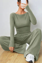 Boat Neck Long Sleeve Top Pants Set (4)