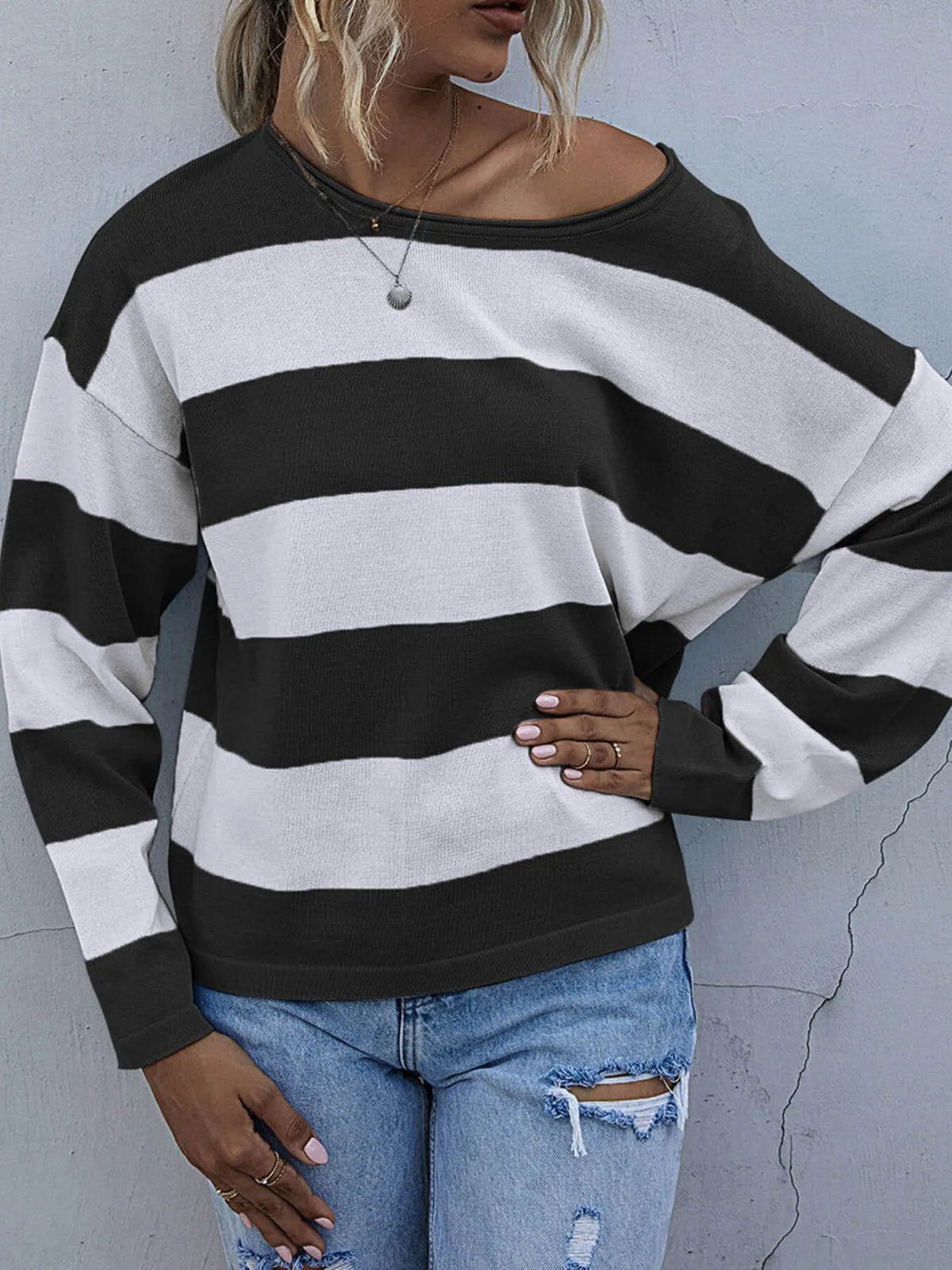 Striped Casual Long Sleeve Knit Top (5)
