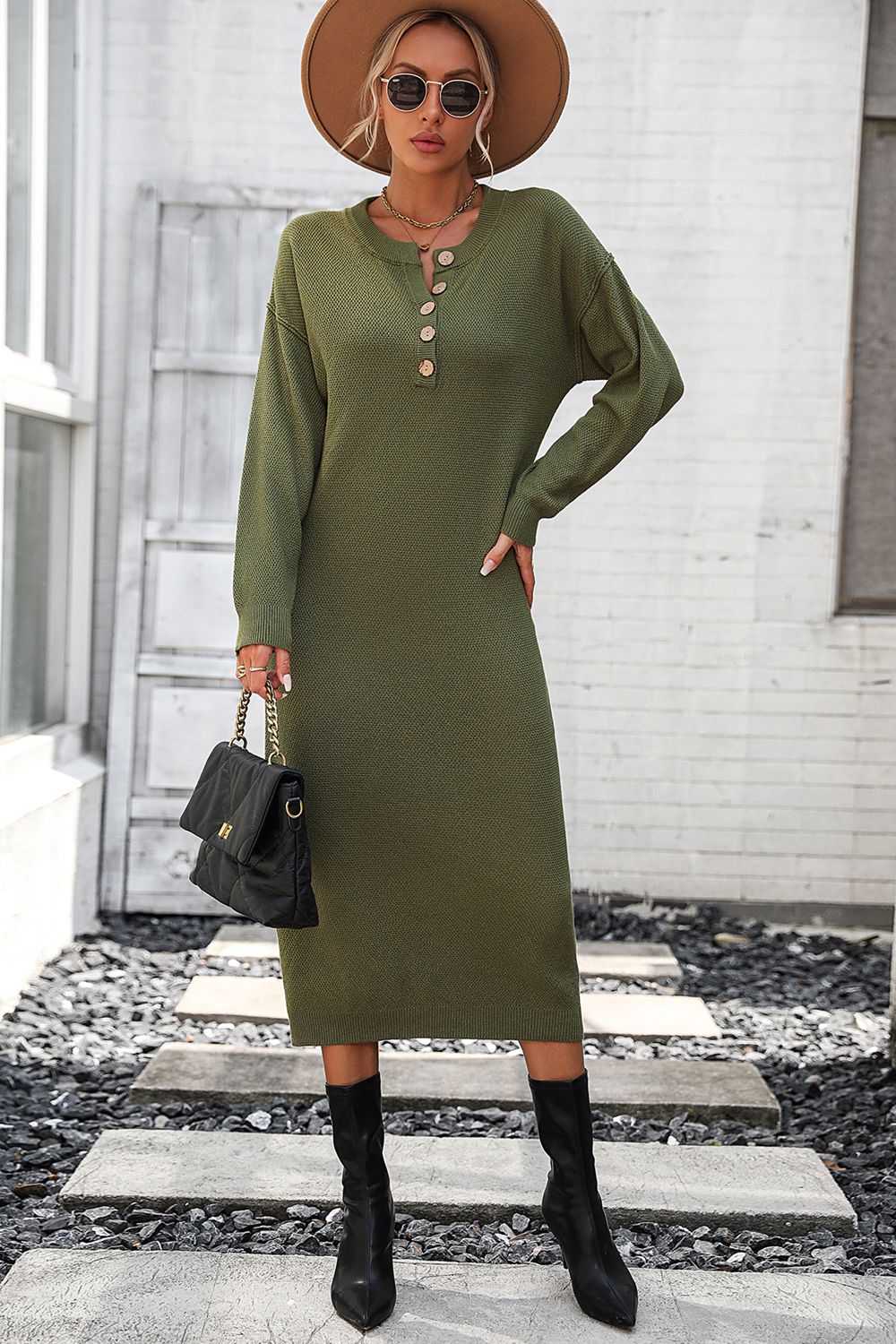 Notched Neck Dropped Shoulder Button-down Midi Dress (9)