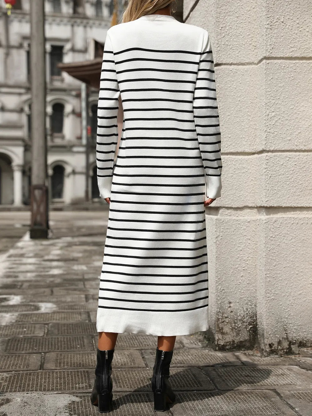 Striped Round Neck Long Sleeve Dress (2)