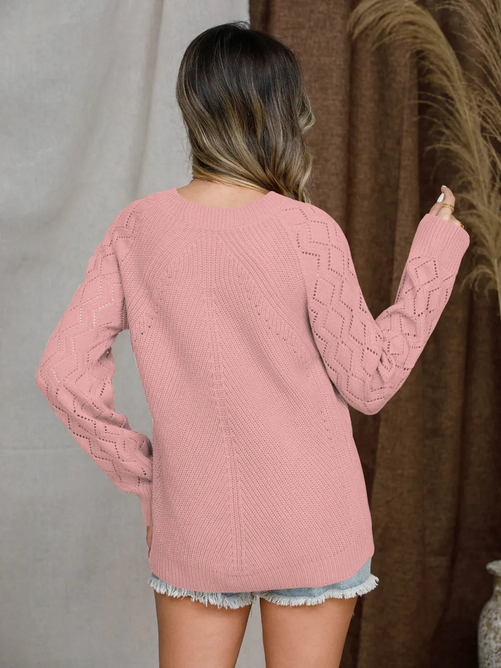 Openwork Round Neck Raglan Sleeve Sweater (17)