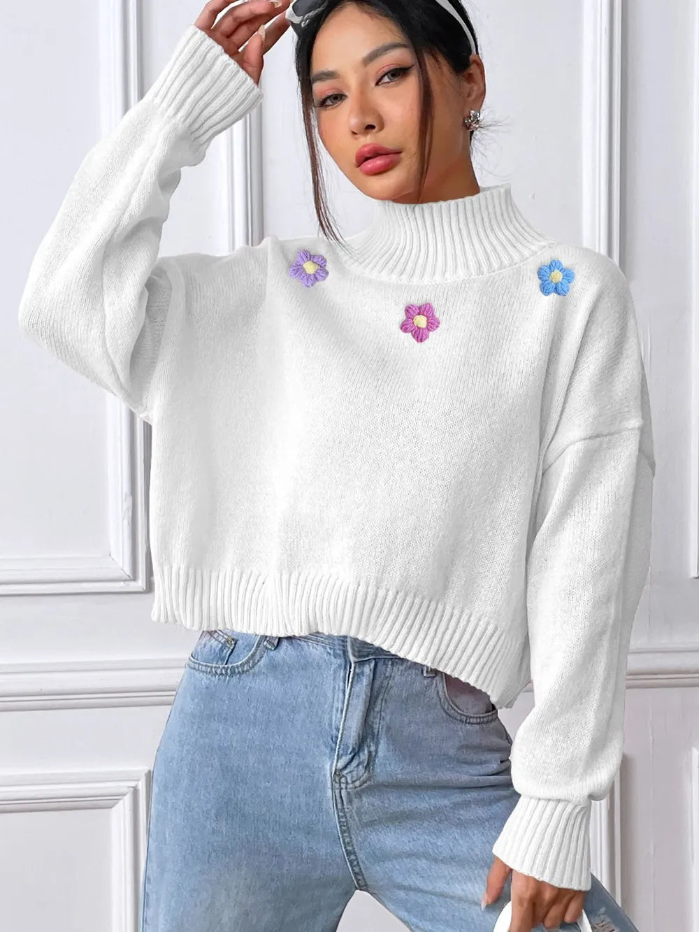 Flower Turtleneck Long Sleeve Sweater (5)