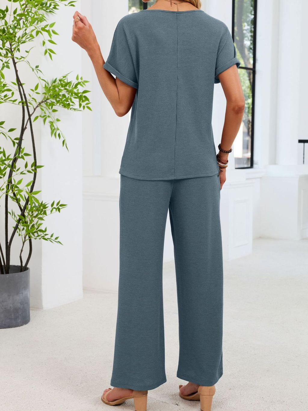 Lace Detail Short Sleeve Top Pants Set (18)