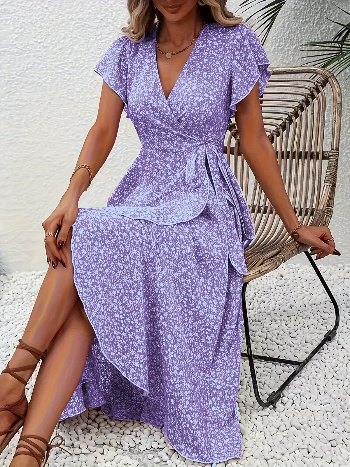 Floral Print Ruffle Hem Wrap Midi Dress (5)