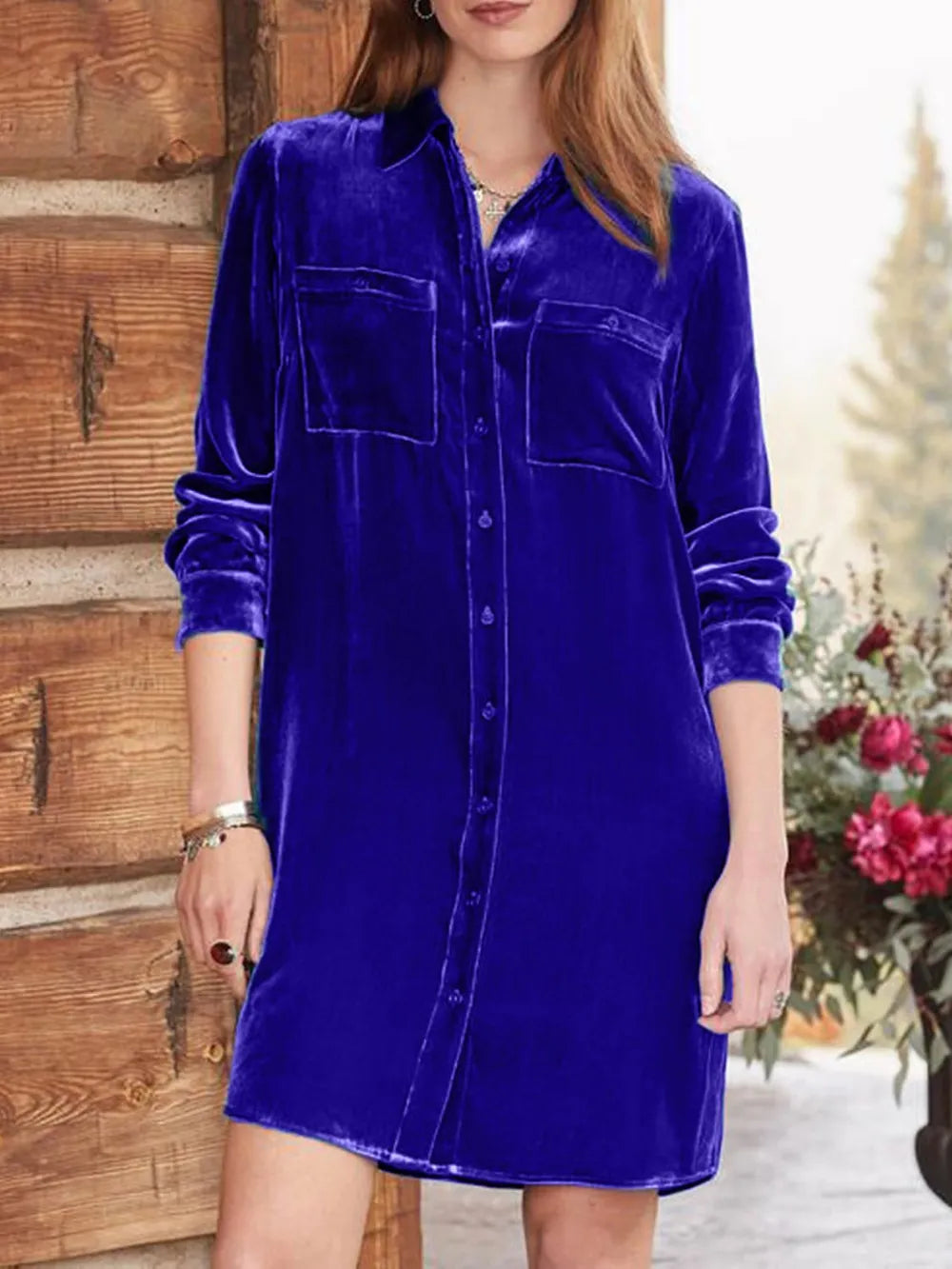 High-low Button Up Long Sleeve Knee Length Dress (5)