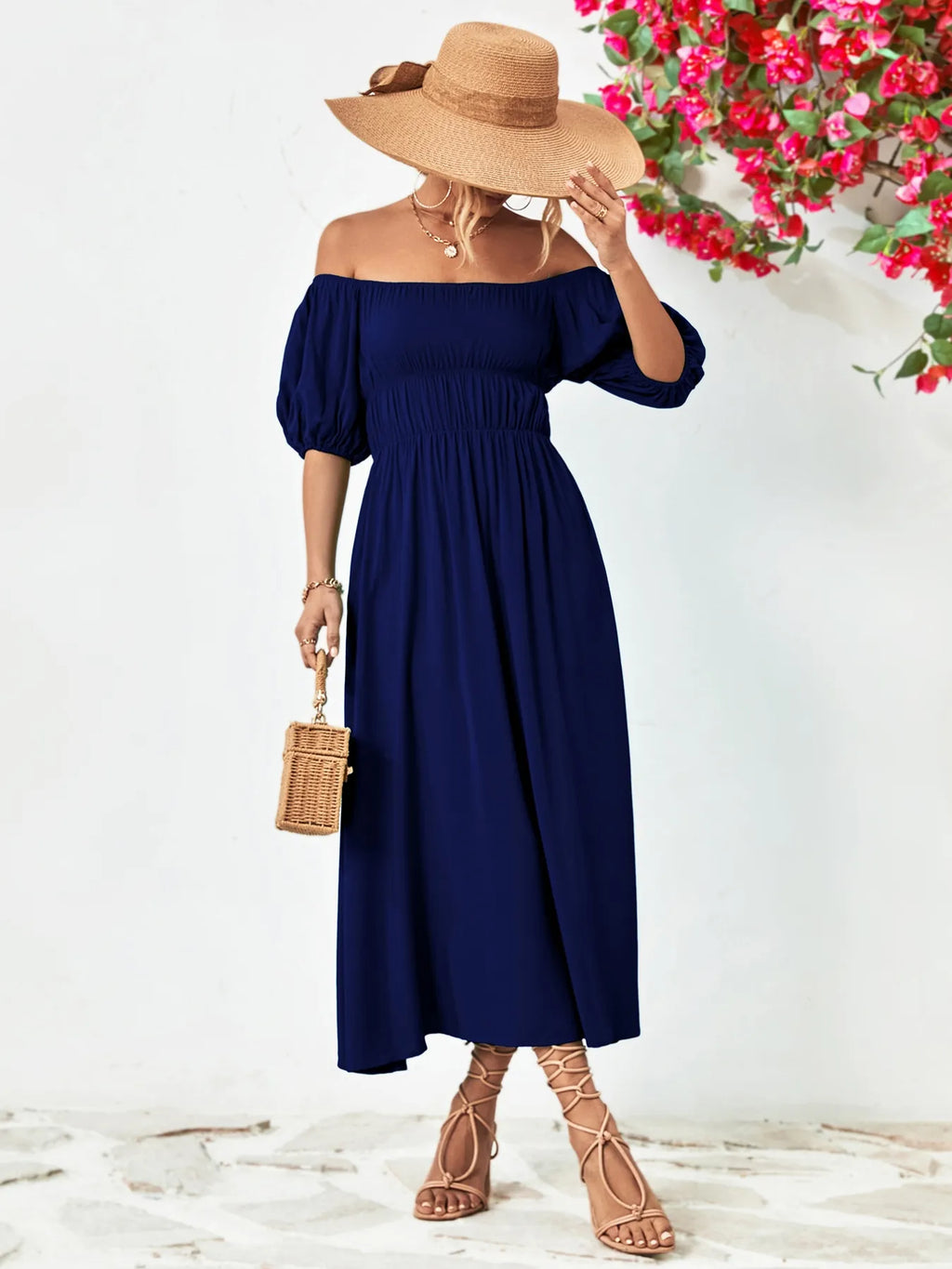 Off-shoulder Puff Sleeve Smocked Maxi Dress (15)