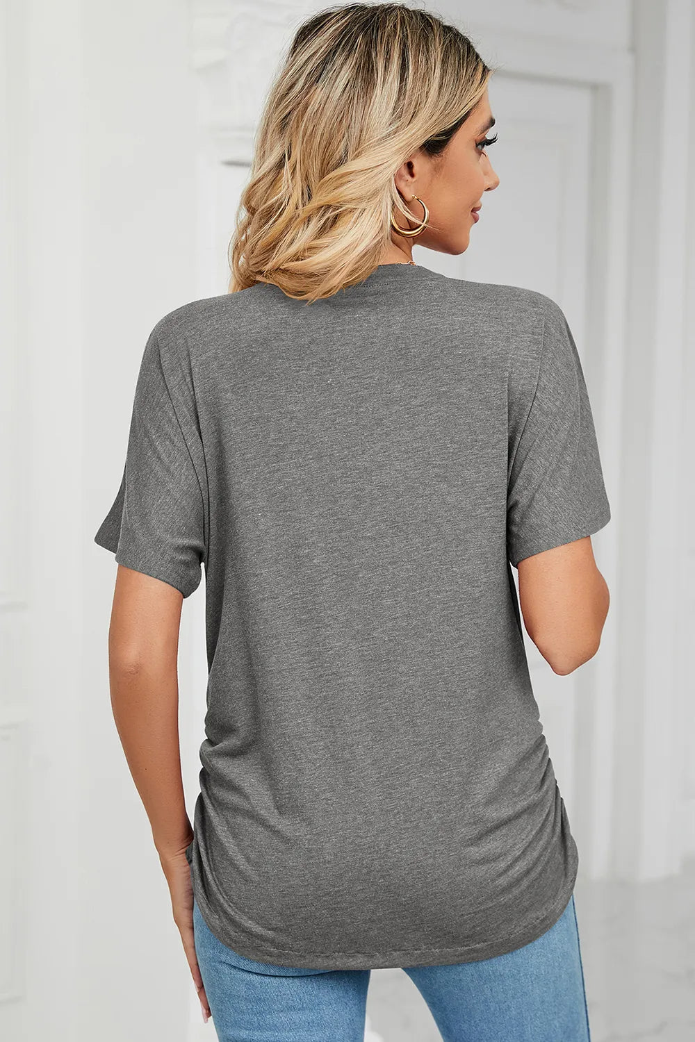 Ruched V-neck Short Sleeve T-shirt (2)