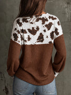 Cow Print Block Waffle Knit Blouse (17)