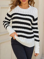 Striped Cable Knit Round Neck Sweater (4)