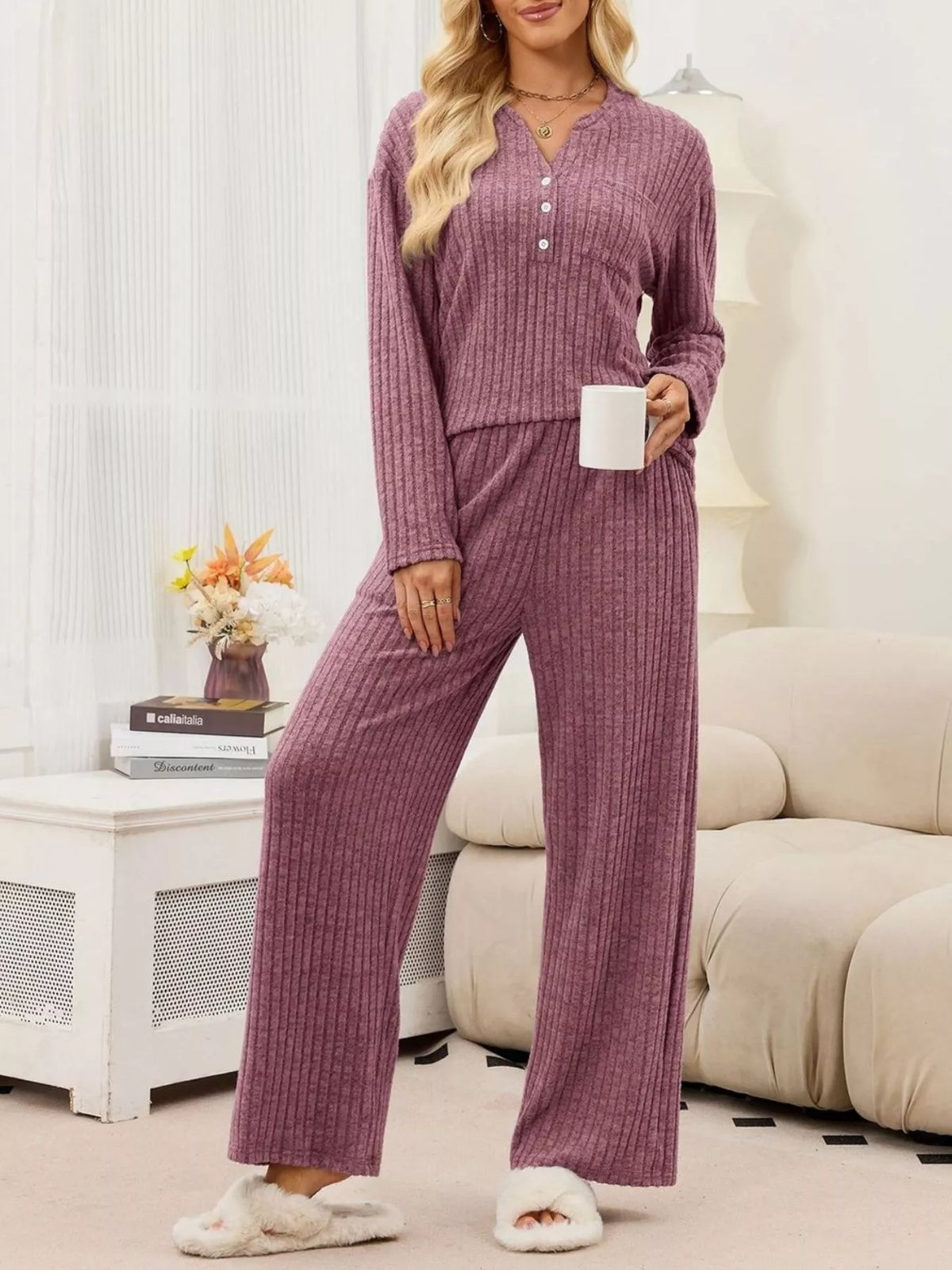 Ribbed Knit Top Wide-leg Pants Set (20)