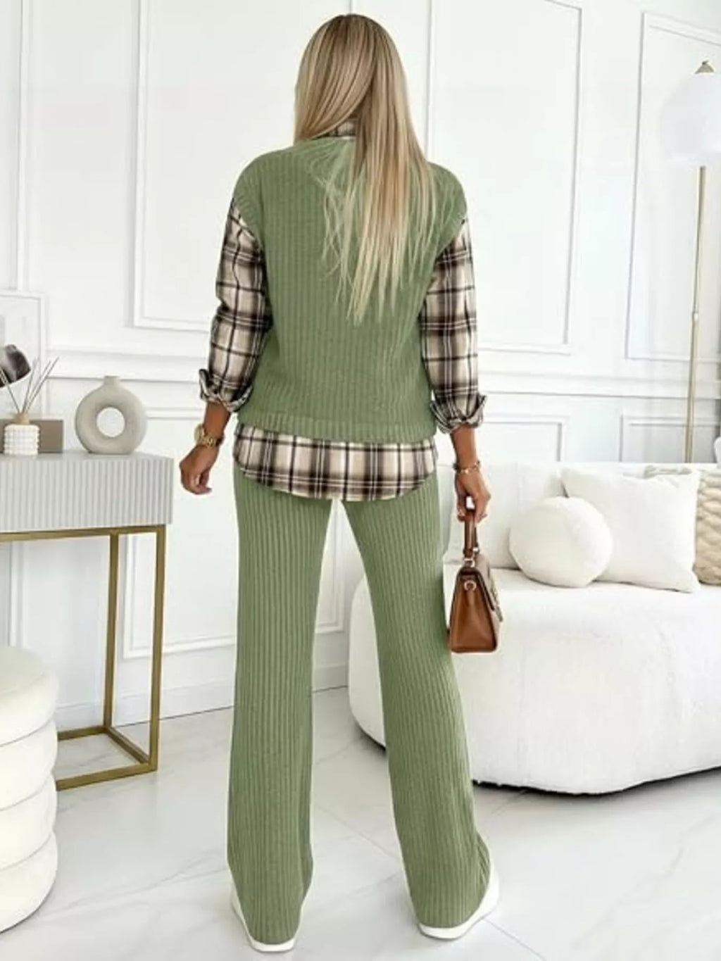 Ribbed Knit Plaid Sleeve Top Pants Set (15)