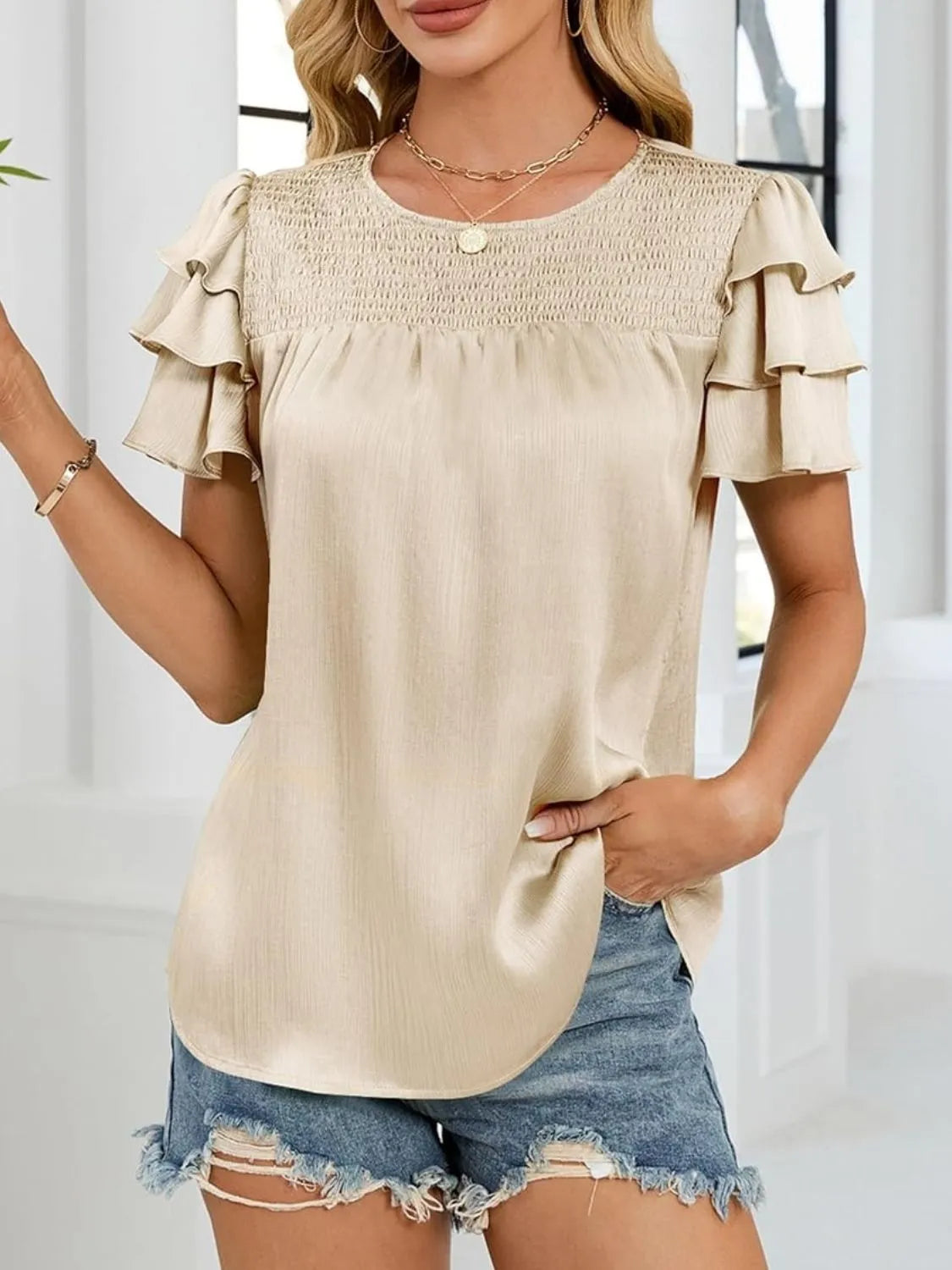 Smocked Round Neck Ruffled Layered Sleeve Blouse (7)
