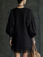 Fringe Detail Lantern Sleeve Mini Dress (3)