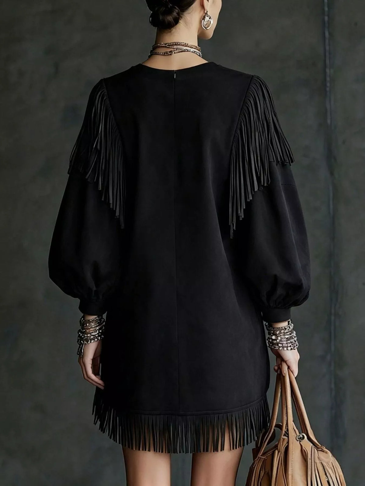 Fringe Detail Lantern Sleeve Mini Dress (3)