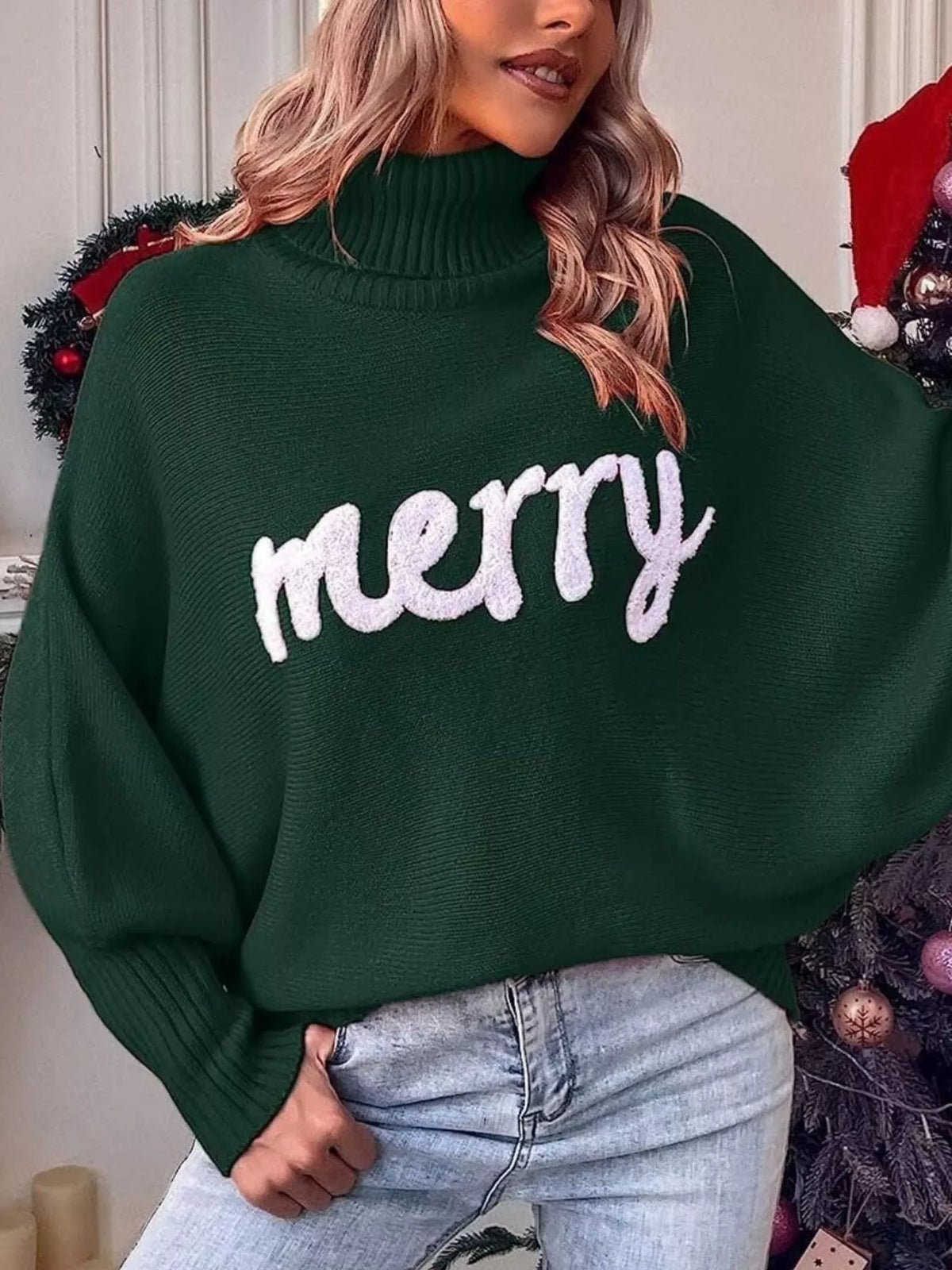 Merry Turtleneck Long Sleeve Christmas Sweater (6)
