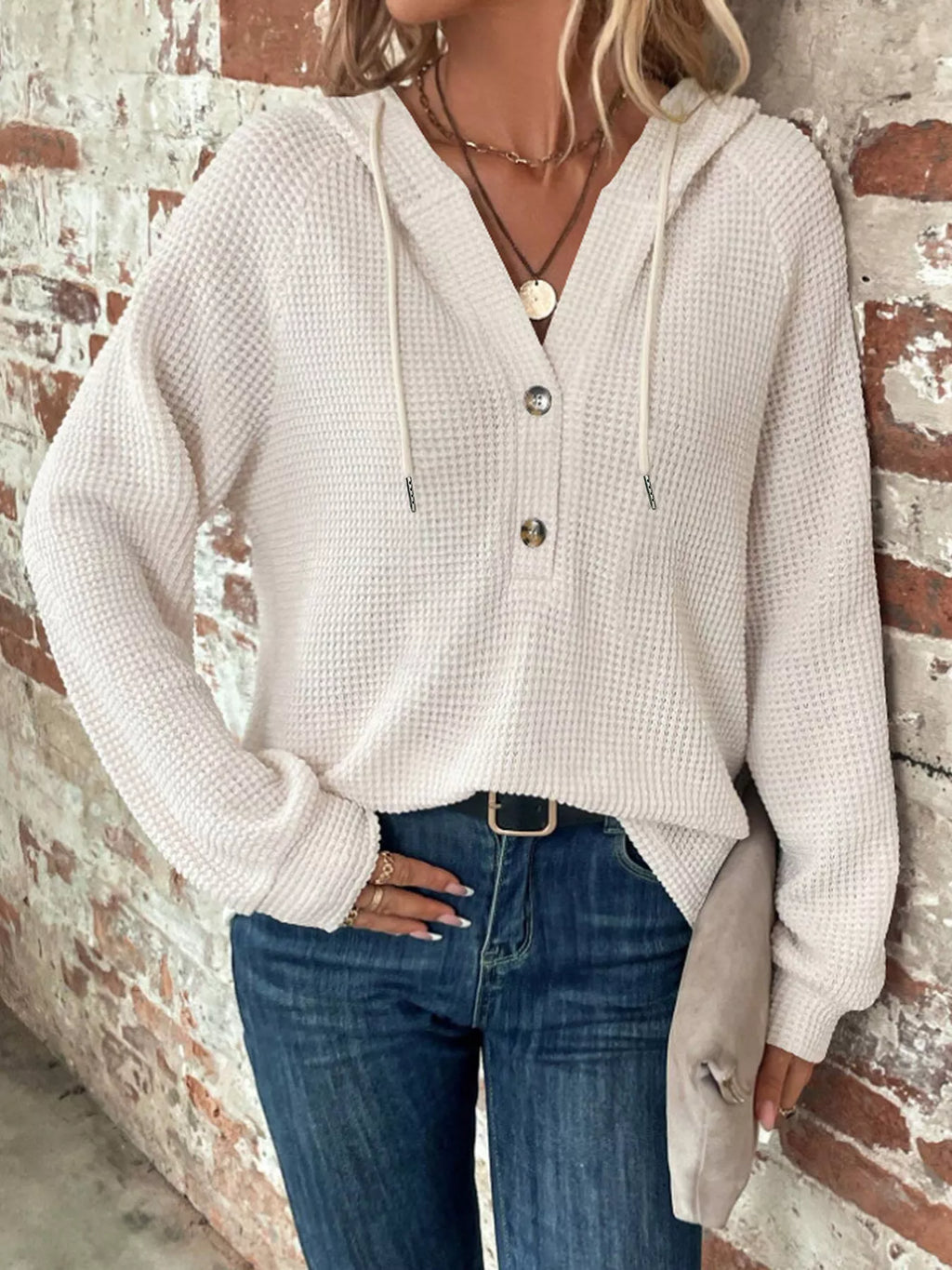 Full Size Button Detail Waffle Knit Hoodie Plus