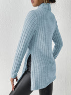 Ribbed Turtleneck Long Sleeve Slit T-shirt (13)