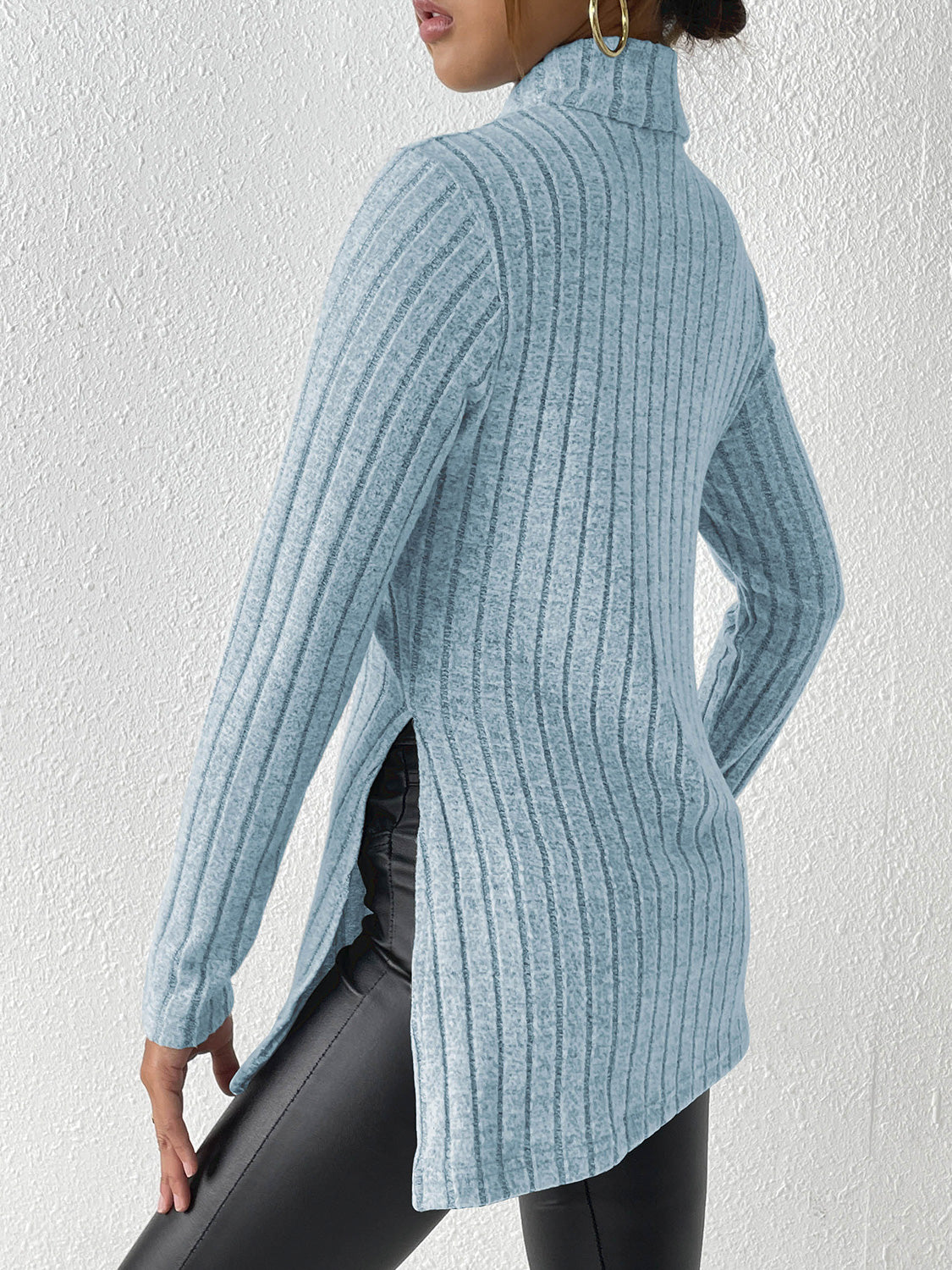 Ribbed Turtleneck Long Sleeve Slit T-shirt (13)