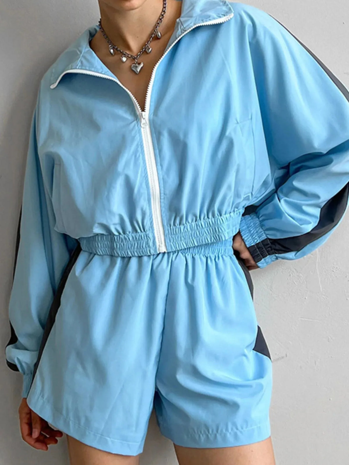 Zip Up Long Sleeve Jacket Shorts Set