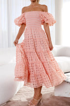 Off Shoulder Short Puff Sleeve Midi Dress (6)