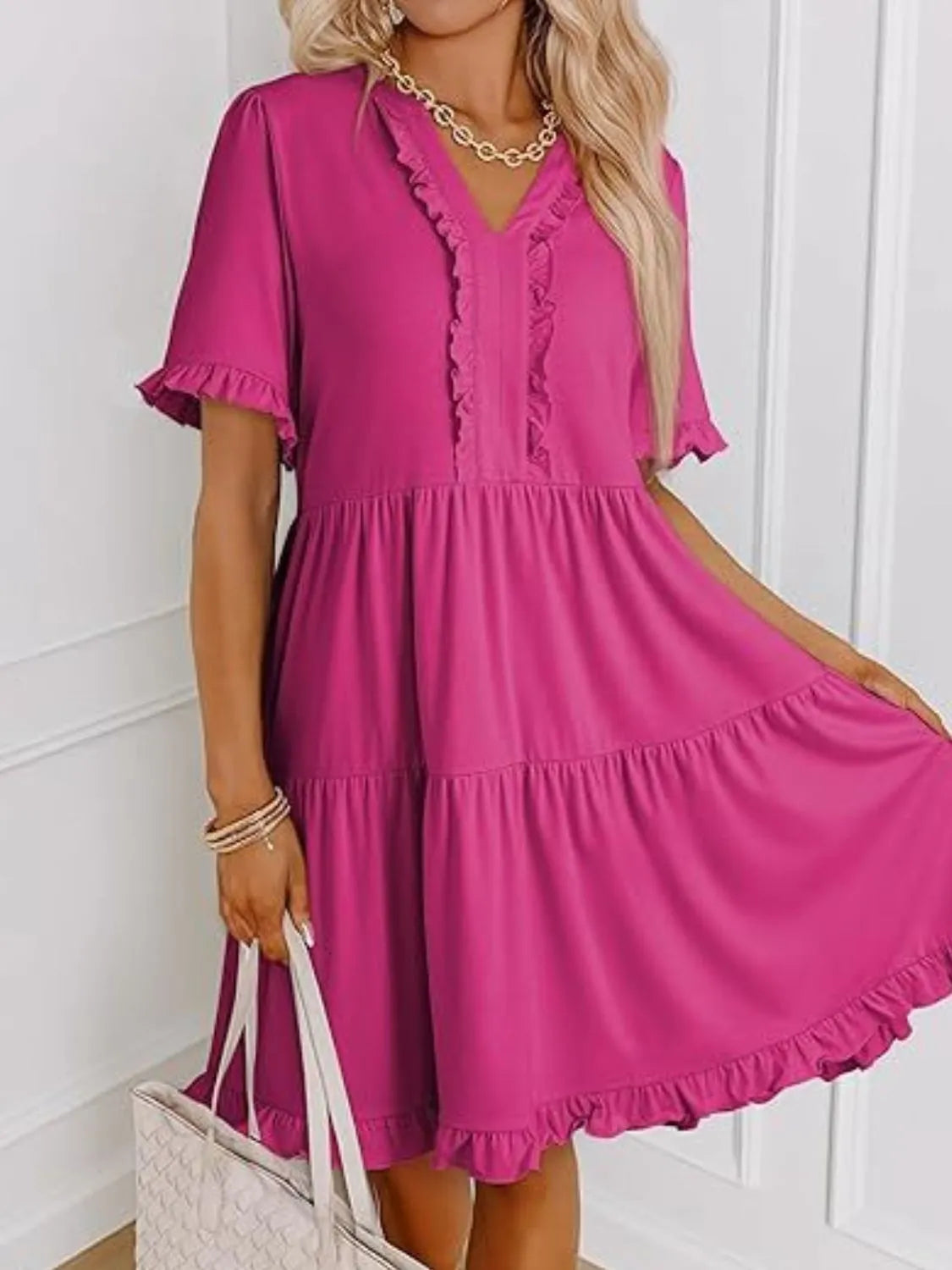 Tiered Notched Short Sleeve Mini Dress (8)