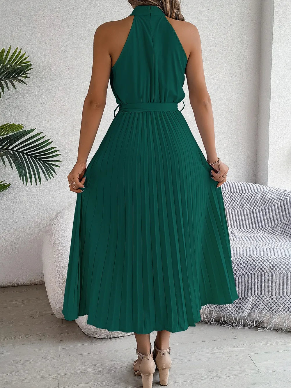 Grecian Neck Tie Waist Pleated Dress (10)