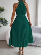 Grecian Neck Tie Waist Pleated Dress (10)