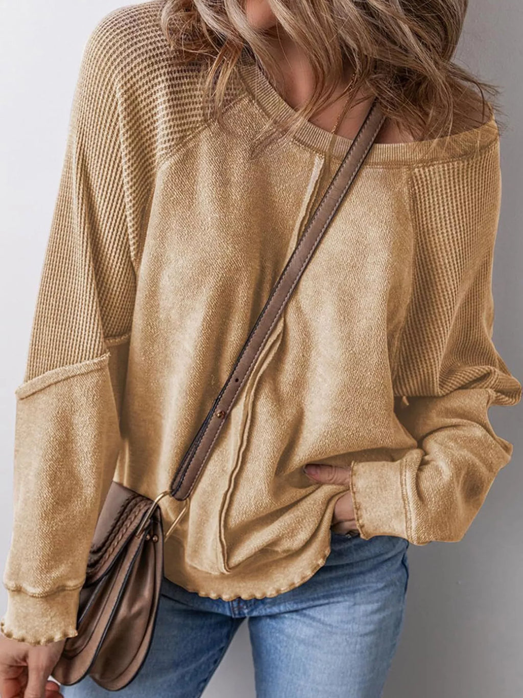 Waffle Knit Raglan Sleeve Sweatshirt