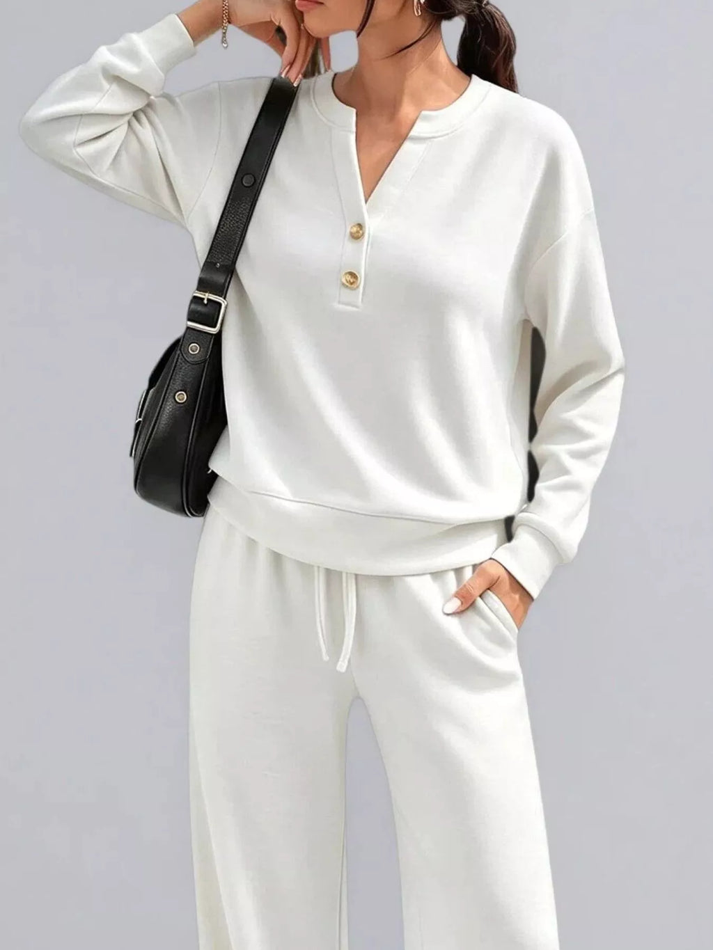 Button Detail Dropped Shoulder Top Pants Set (27)
