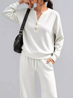 Button Detail Dropped Shoulder Top Pants Set (27)